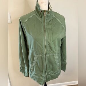 Anne Klein green zip sweatshirt green white stripe detail kangaroo pocket SZ Med
